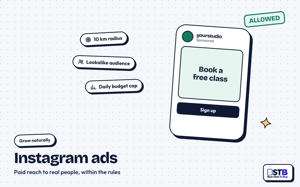 Grow without SocialWick: a sponsored Instagram post with radius, lookalike audience and budget chips, stamped Allowed