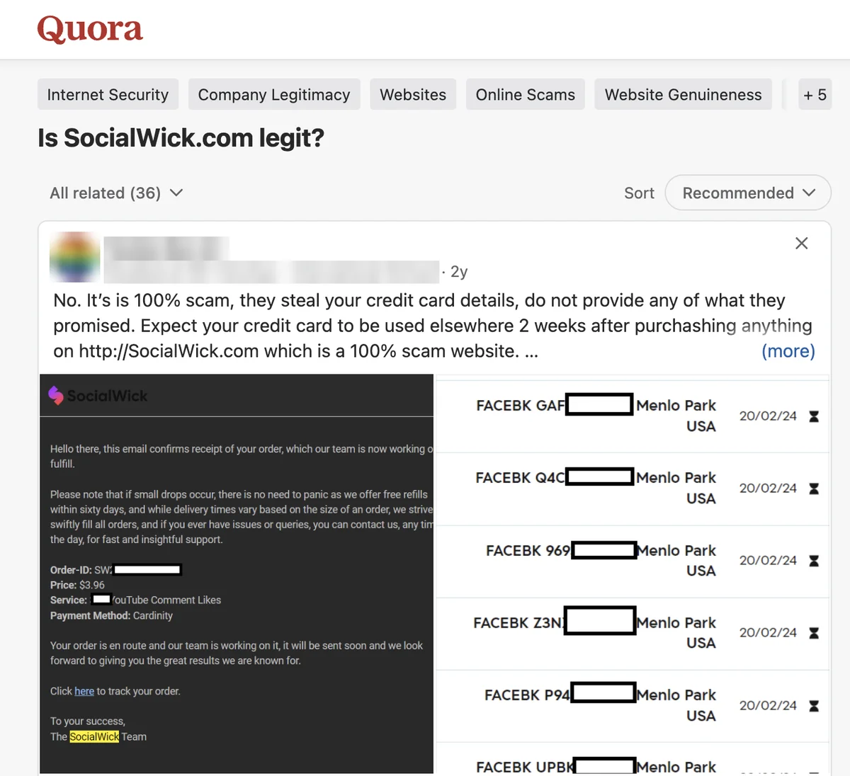 Quora answer to "Is SocialWick.com legit?" alleging card misuse, with a SocialWick order email promising 60-day refills
