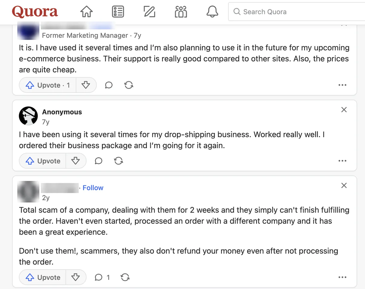 Quora answers on SocialWick: older posts praise support and prices, a newer one says an order never started