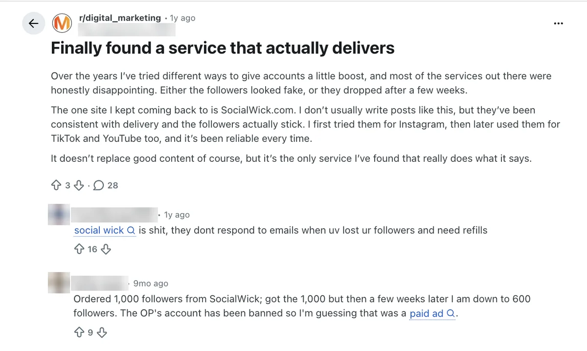 Reddit thread praising SocialWick, with replies citing unanswered refill emails and 1,000 followers falling to 600