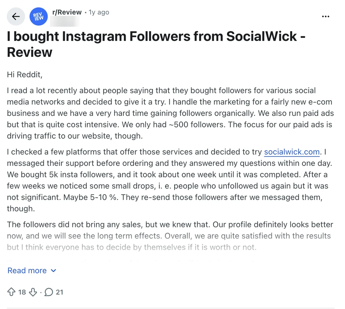 Reddit SocialWick review post: 5,000 Instagram followers delivered in a week, 5 to 10% dropped, refilled