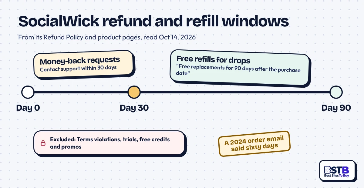 SocialWick refund policy timeline: money-back requests within 30 days, free refills until day 90