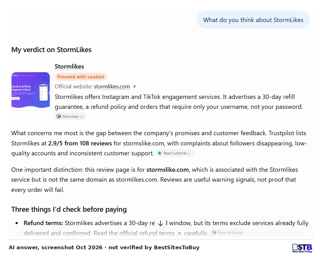 ChatGPT answer rating StormLikes proceed with caution and noting the 2.9 Trustpilot score belongs to stormslike.com