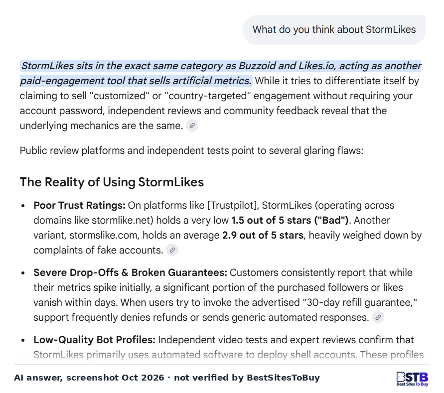 Google AI answer saying StormLikes sells artificial metrics like Buzzoid and Likes.io and citing low Trustpilot scores