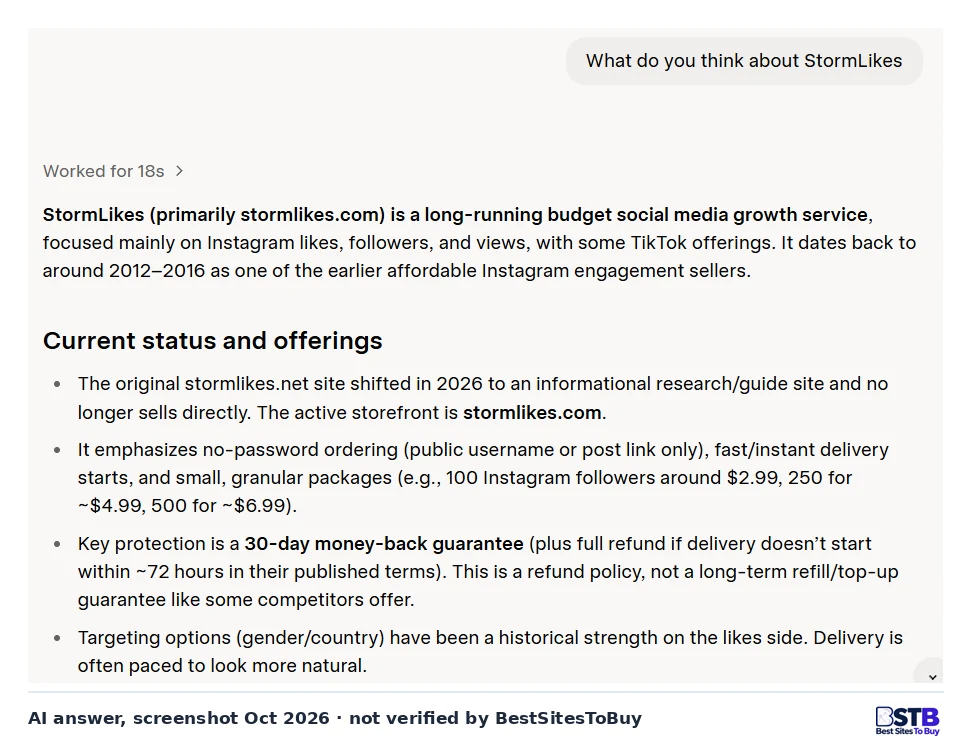 Grok answer saying stormlikes.net became a research site in 2026 and the live StormLikes store is stormlikes.com