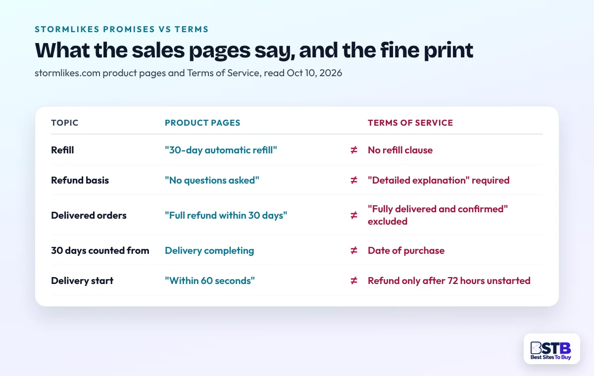 StormLikes pages promise a 30-day refill and easy refunds; the Terms have no refill clause and exclude delivered orders
