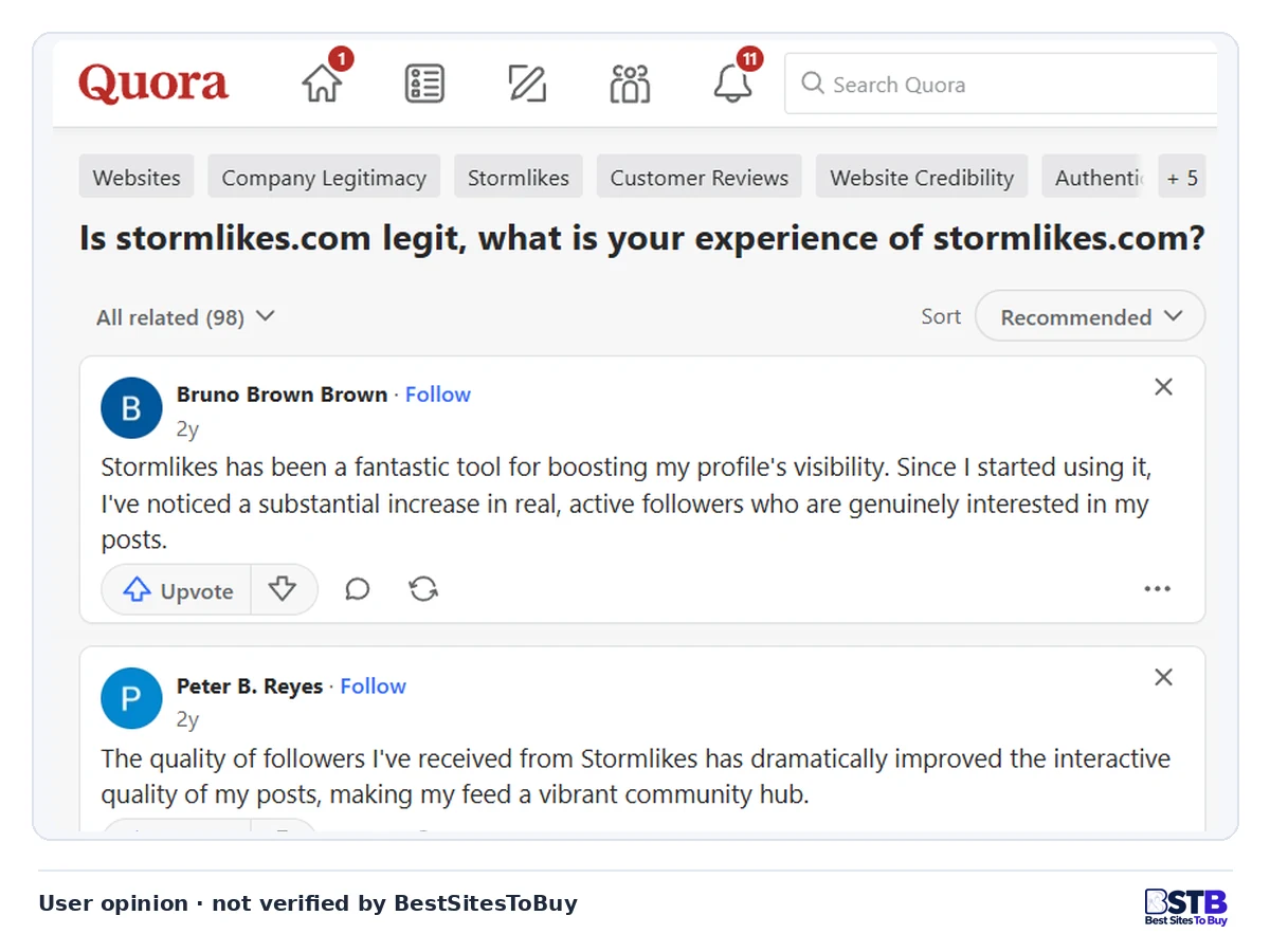 Two short Quora answers praising StormLikes followers as real and engaged, posted about two years ago without order details