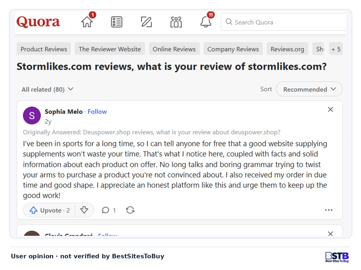 Quora thread asking for StormLikes.com reviews where the top answer is about an unrelated supplements shop