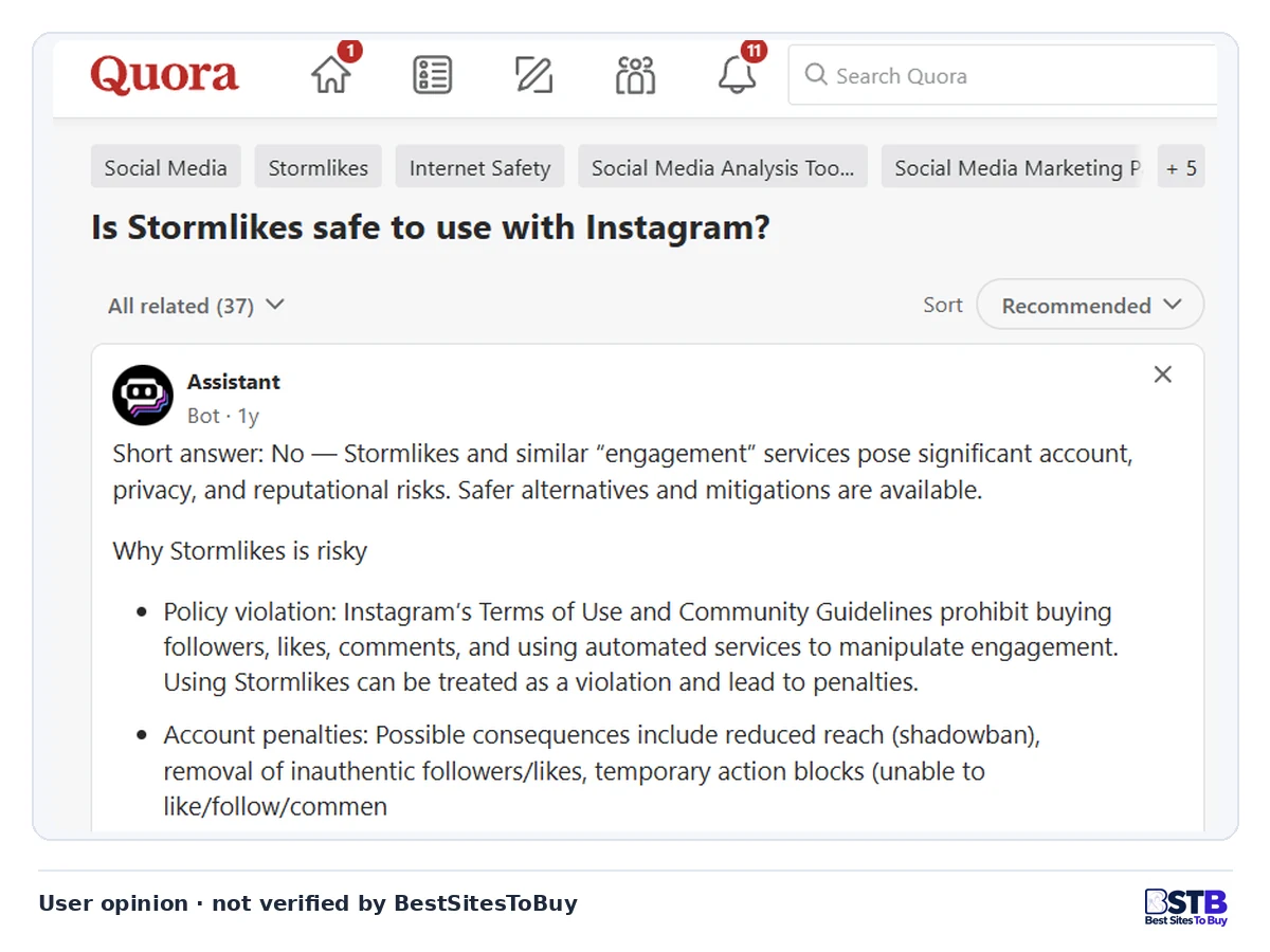 Quora assistant answer saying StormLikes is not safe for Instagram because bought followers break its rules
