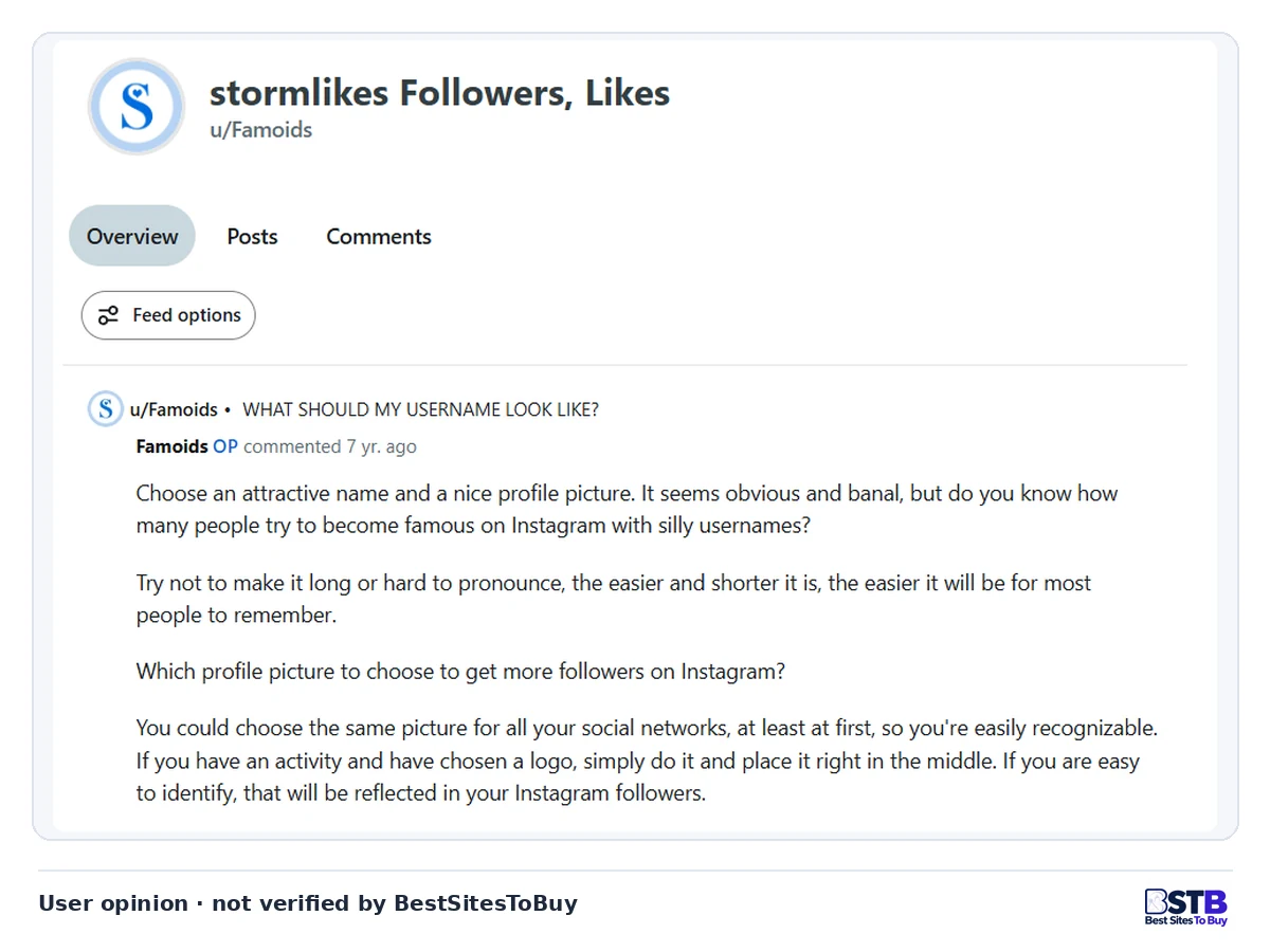 Reddit profile titled stormlikes Followers, Likes posting Instagram tips that end with a link to buy StormLikes followers