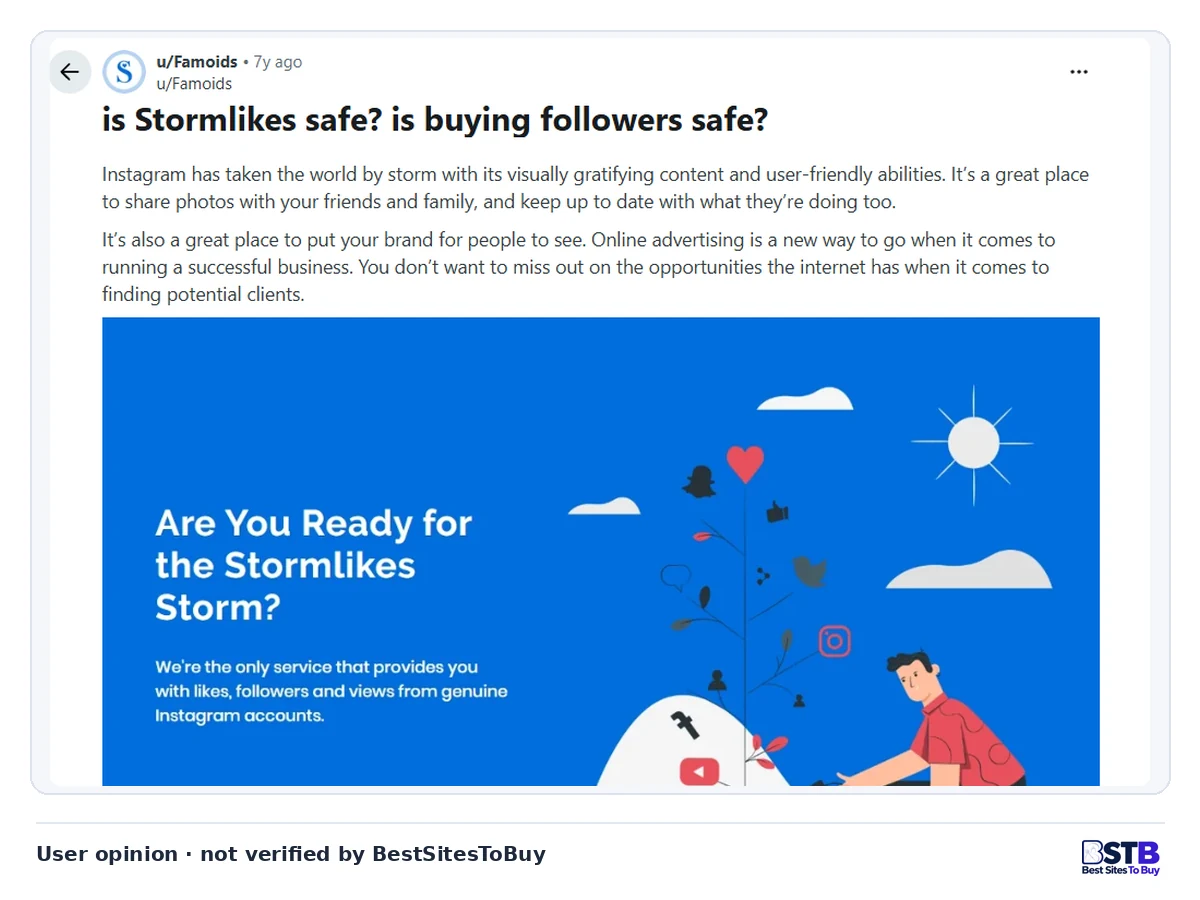 Seven-year-old promotional Reddit post asking if StormLikes is safe, with a banner claiming genuine accounts