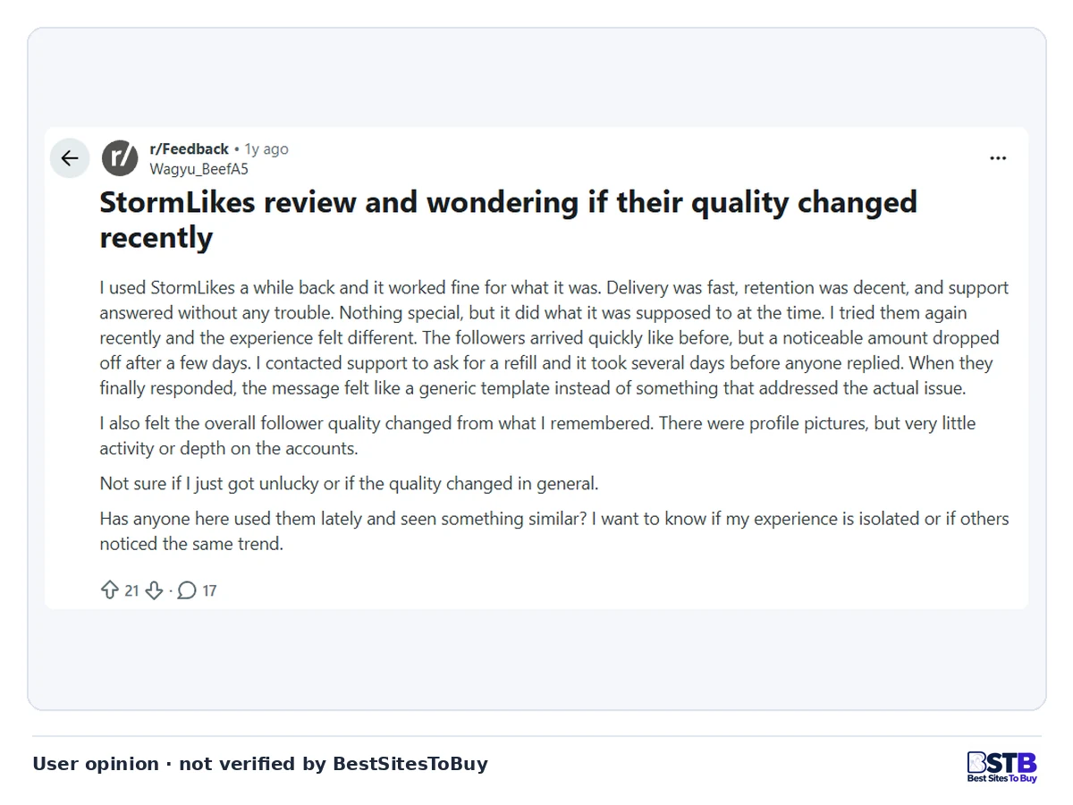 Reddit post in r/Feedback from a repeat StormLikes buyer reporting follower drops after a few days and slow support replies