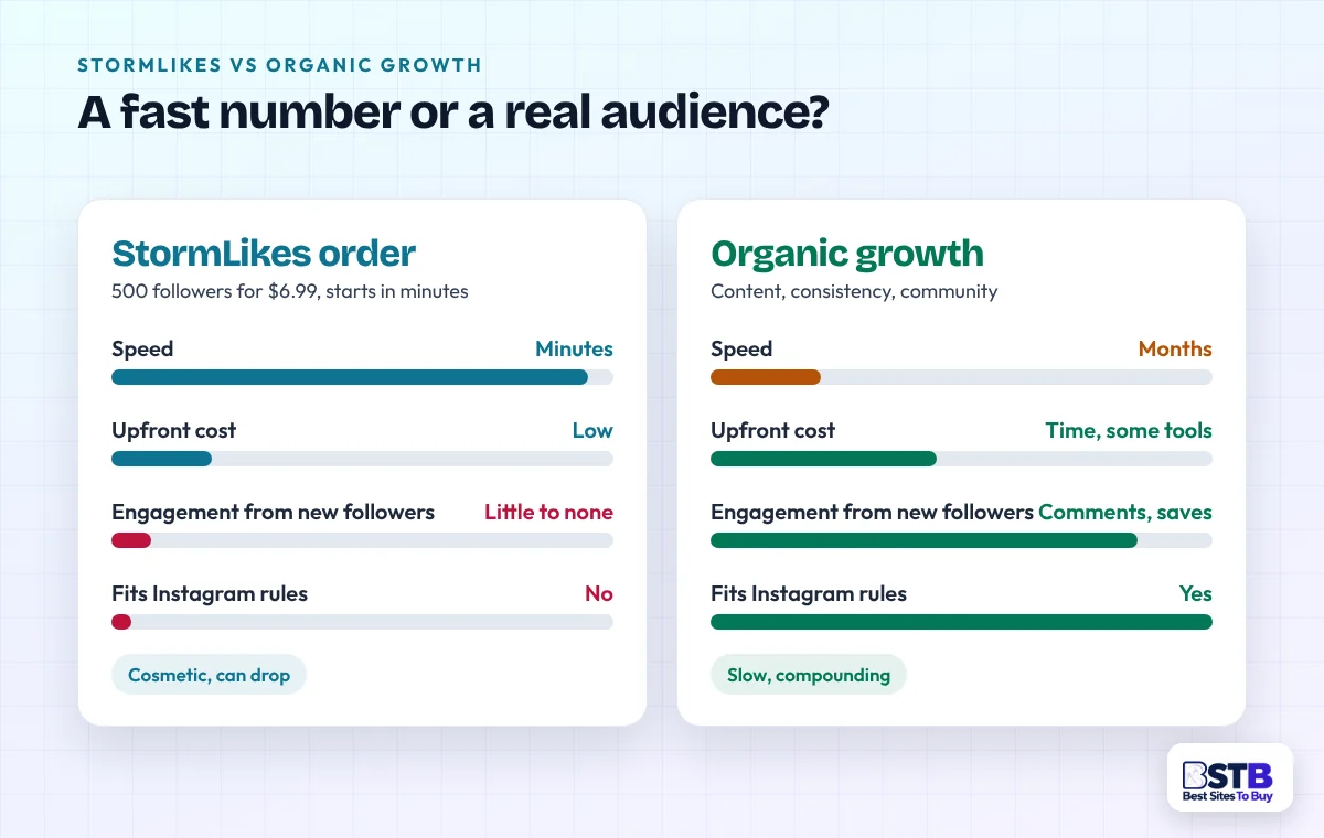 Meters comparing a StormLikes order, fast and cheap but with little engagement, against slower organic growth that engages