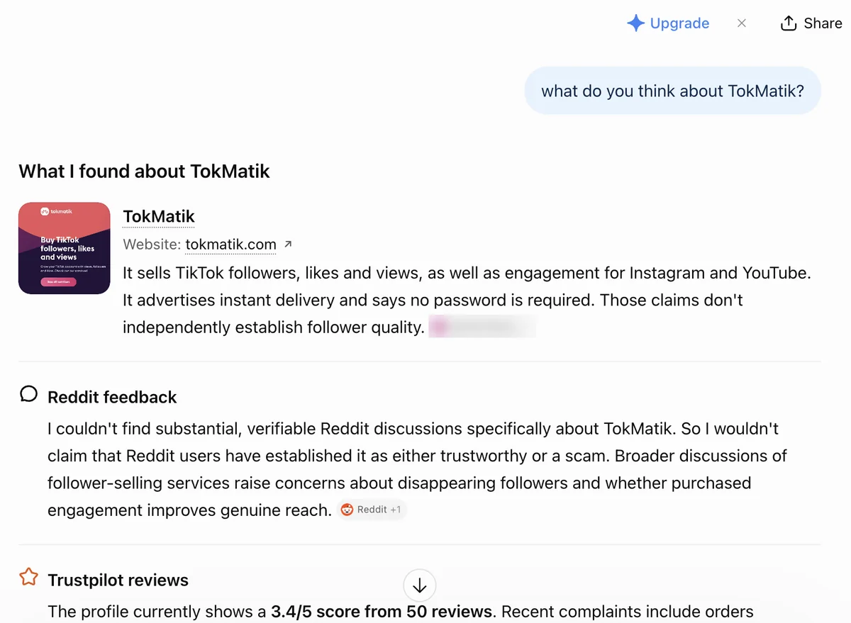 ChatGPT answer on TokMatik: sells TikTok, Instagram and YouTube engagement, no Reddit evidence, Trustpilot 3.4