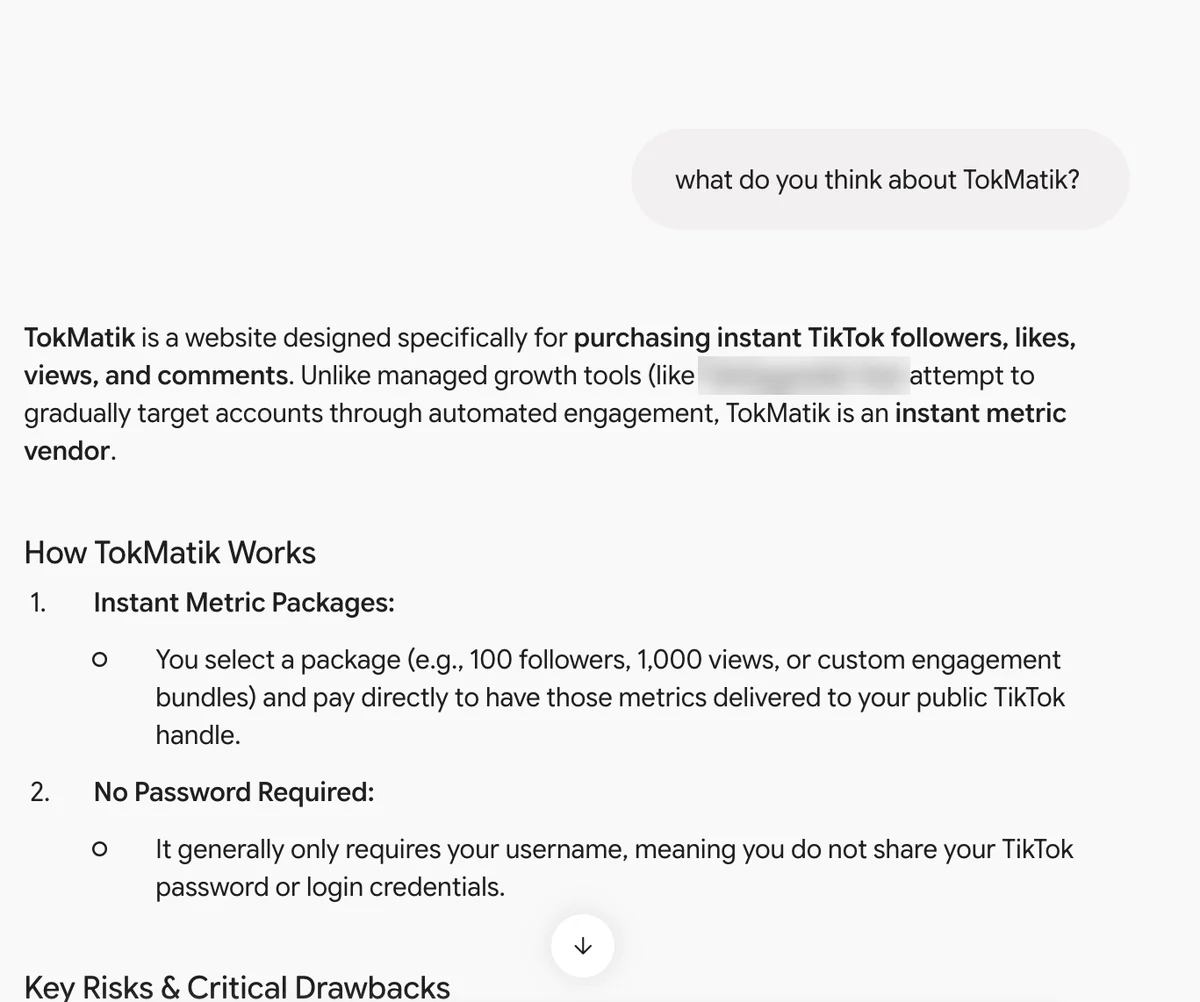 Gemini answer describing TokMatik as an instant TikTok metric vendor that needs only your username