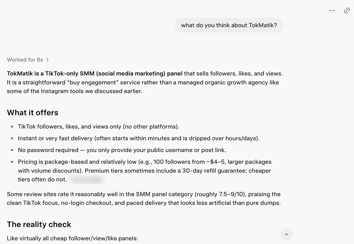 Grok answer calling TokMatik a TikTok-only SMM panel with no password and premium-tier refills