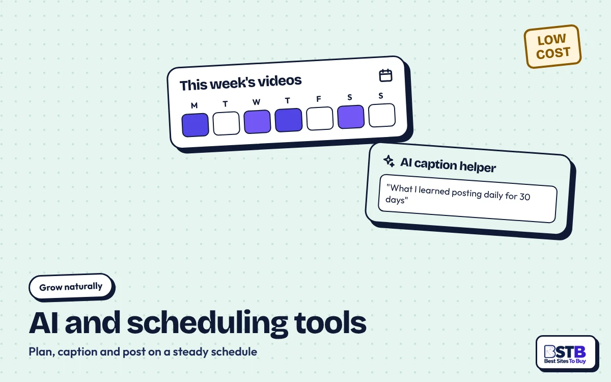 Grow without TokMatik: a weekly TikTok posting plan and an AI caption helper card, stamped Low cost