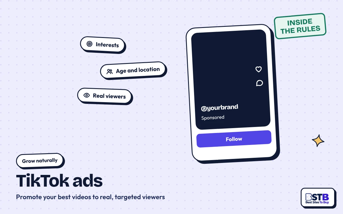 Grow without TokMatik: a sponsored TikTok video with interest, age and location chips, stamped Inside the rules