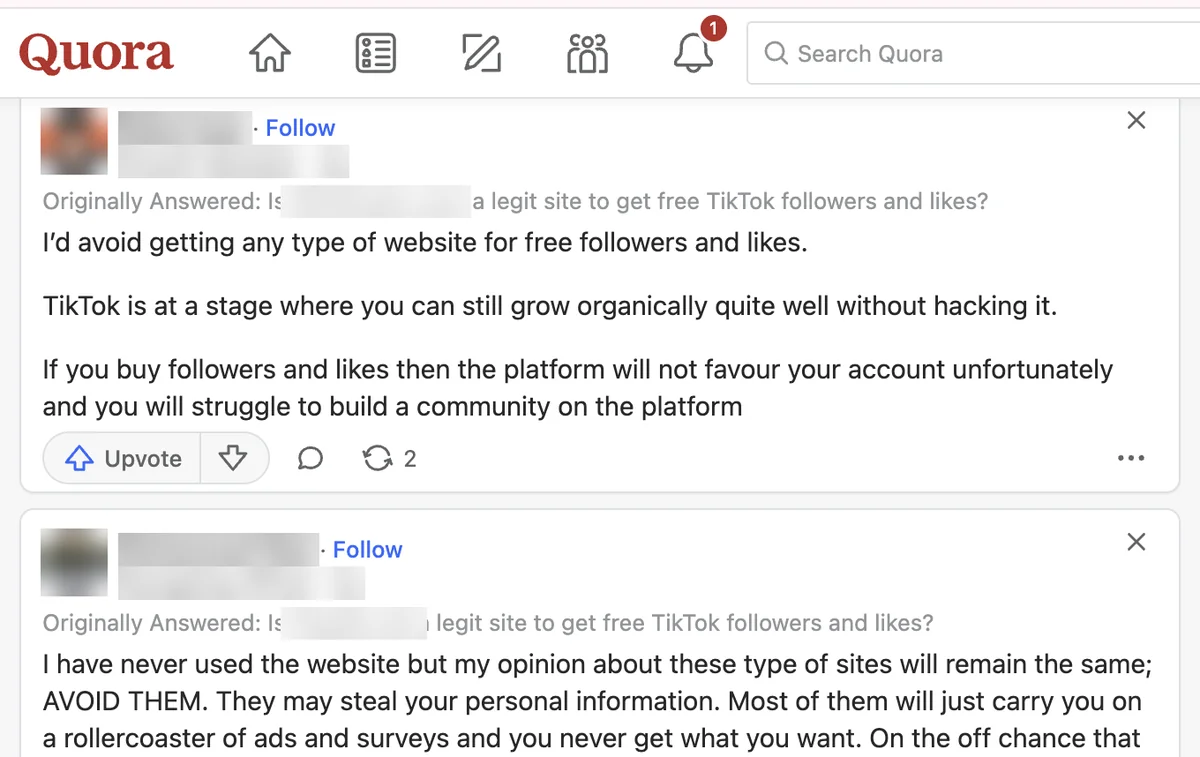 Quora answers about other sites, shown on the TokMatik question, advising creators to avoid free follower websites
