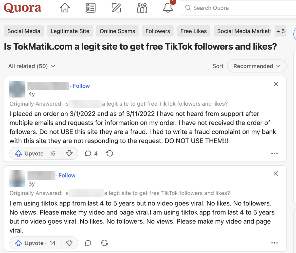 Quora question asking if TokMatik.com is legit, with two answers written for other free-follower sites