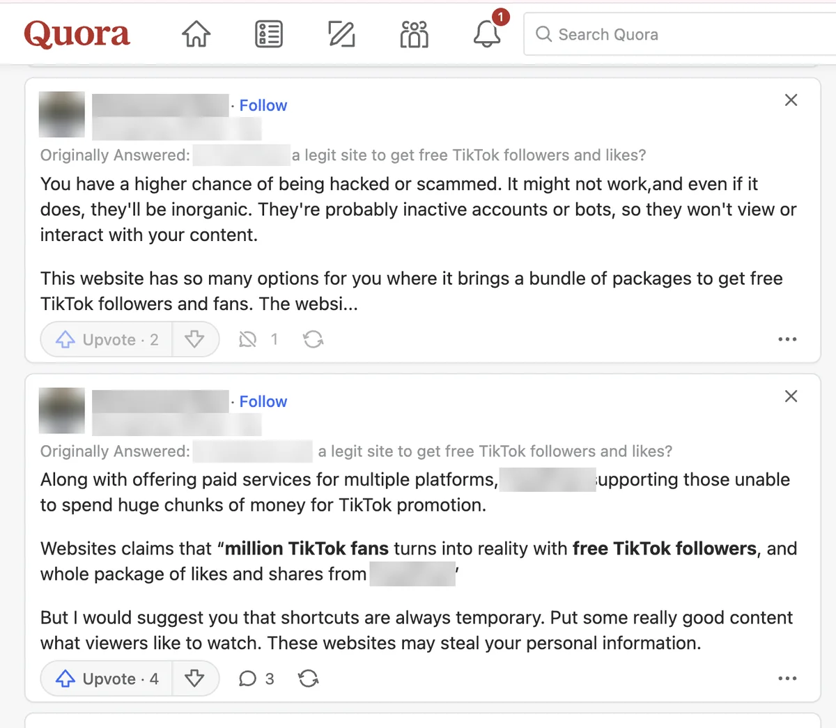 Quora answers about other free TikTok follower sites warning of hacking, shown on the TokMatik question