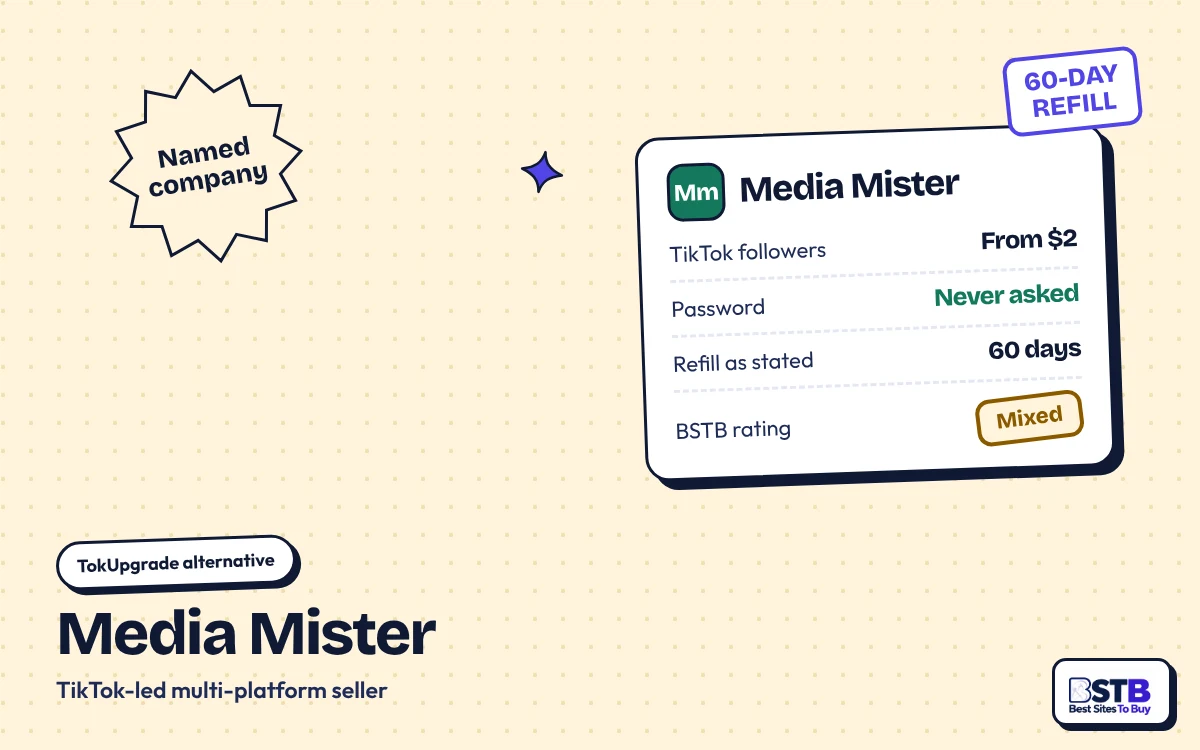 TokUpgrade alternative Media Mister: TikTok followers from $2, no password, 60-day refill, rated Mixed