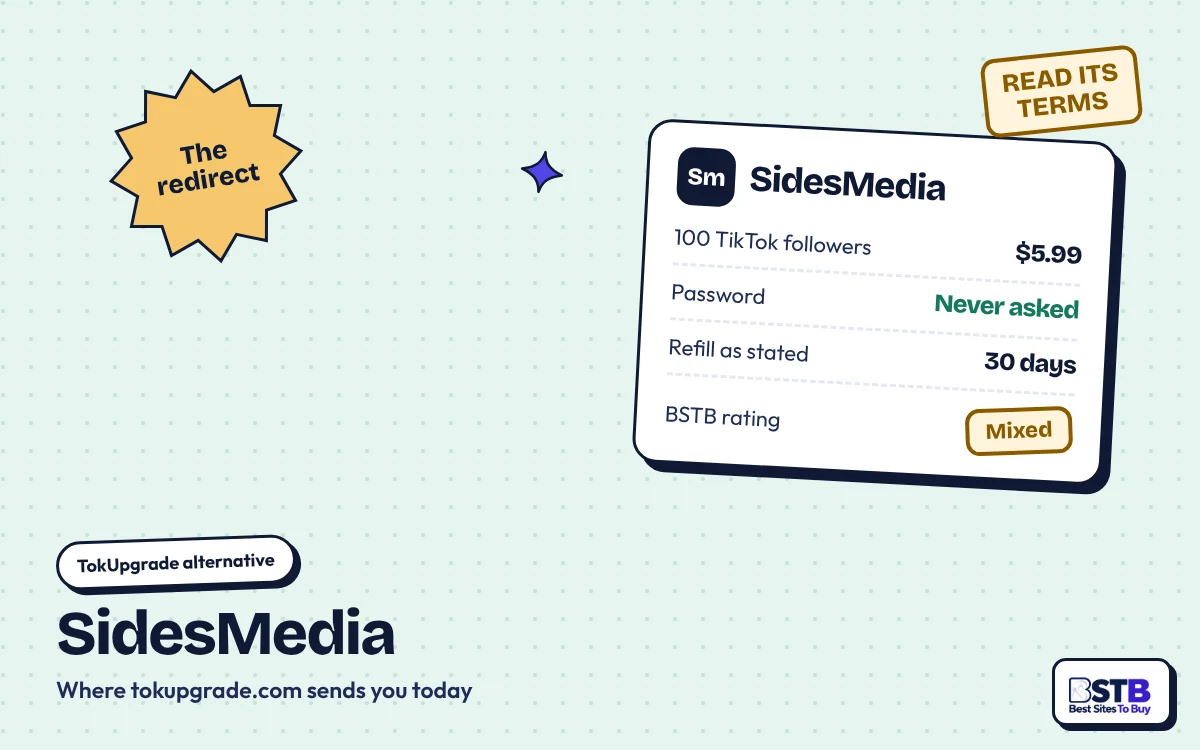 TokUpgrade alternative SidesMedia: 100 TikTok followers for $5.99, no password, 30-day refill, rated Mixed