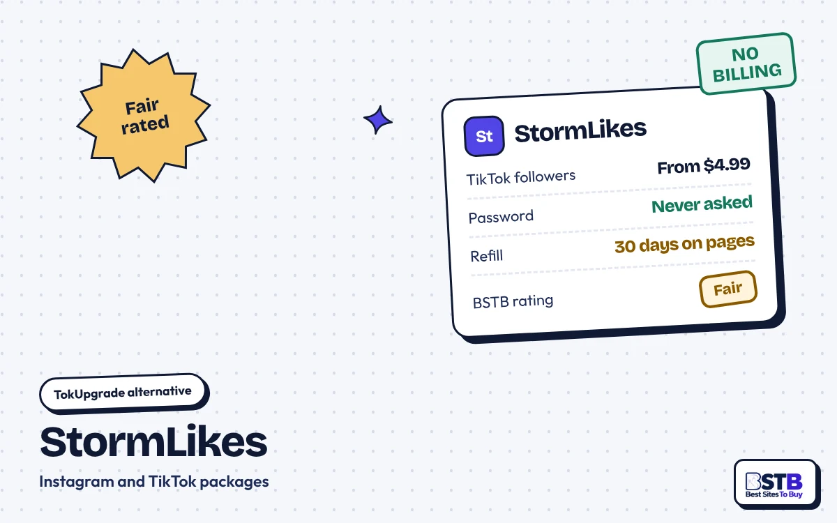 TokUpgrade alternative StormLikes: TikTok followers from $4.99, no password, 30-day refill on pages, rated Fair