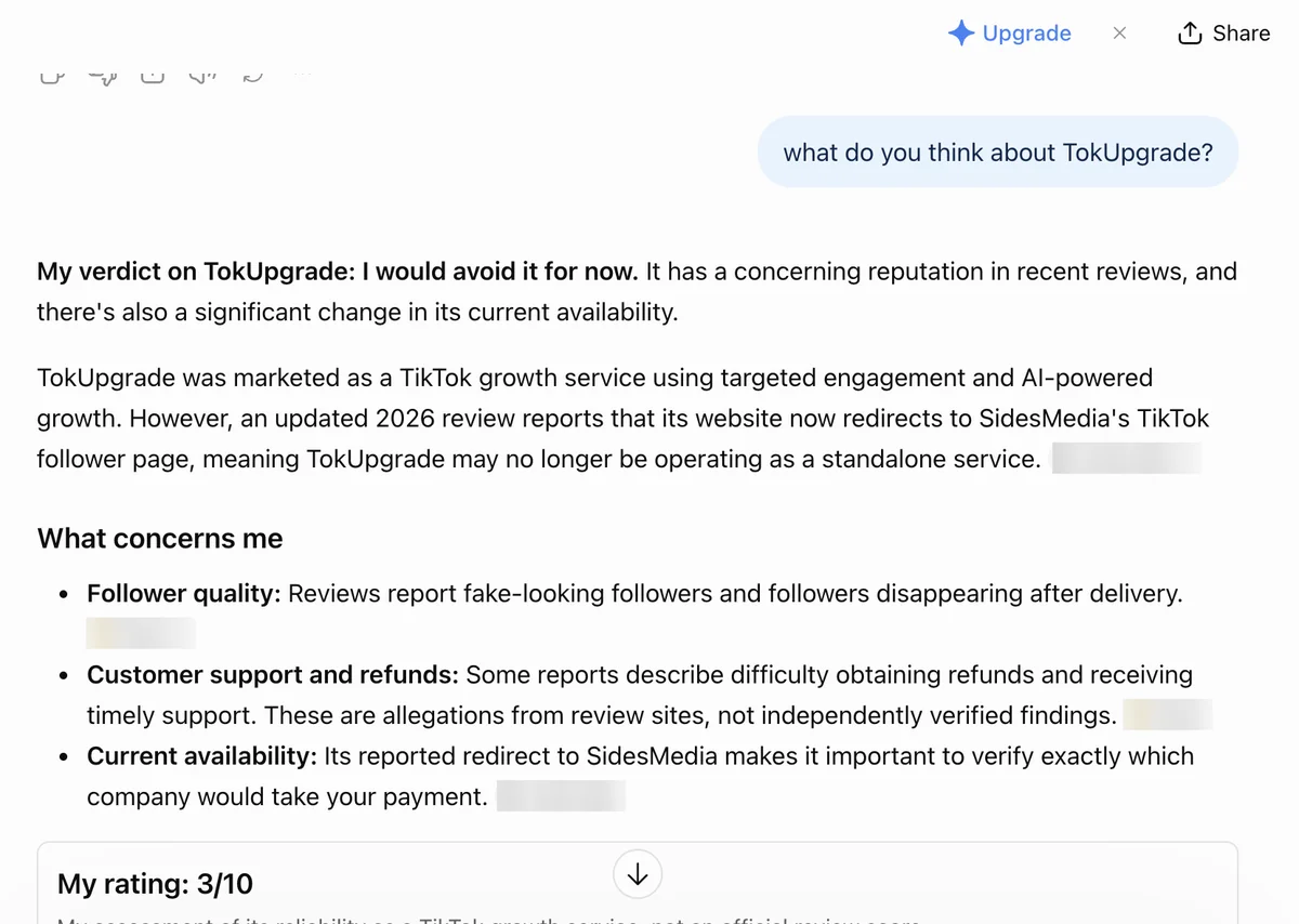 ChatGPT answer on TokUpgrade: I would avoid it for now, citing the SidesMedia redirect, follower quality and refunds