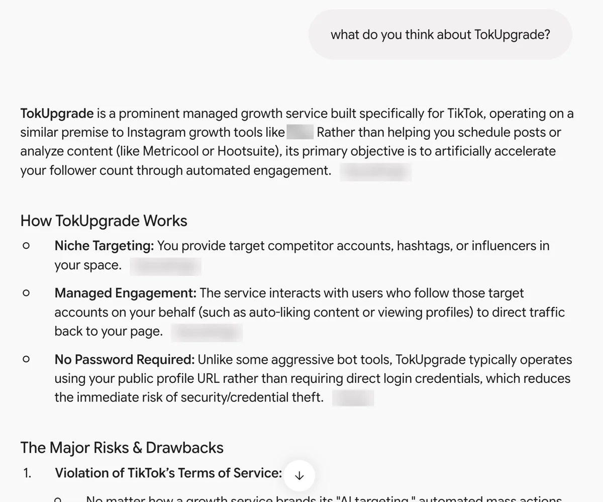 Gemini answer describing TokUpgrade as a managed TikTok growth service with niche targeting and no password