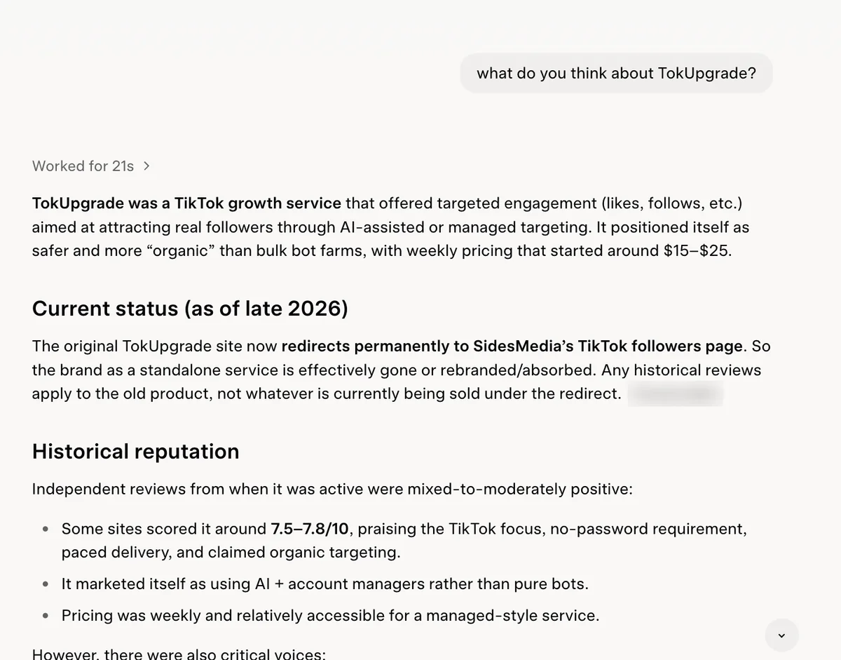 Grok answer: TokUpgrade was a TikTok growth service with weekly pricing that now redirects to SidesMedia