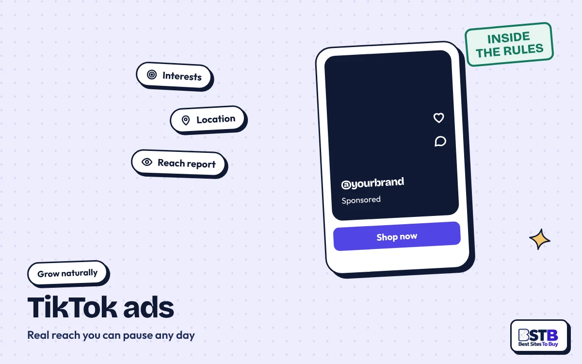 Grow without TokUpgrade: a sponsored TikTok video ad with interest, location and reach chips, stamped Inside the rules