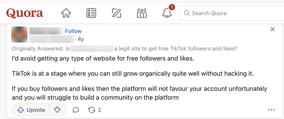 Quora answer about another site advising creators to avoid free follower websites and grow TikTok organically