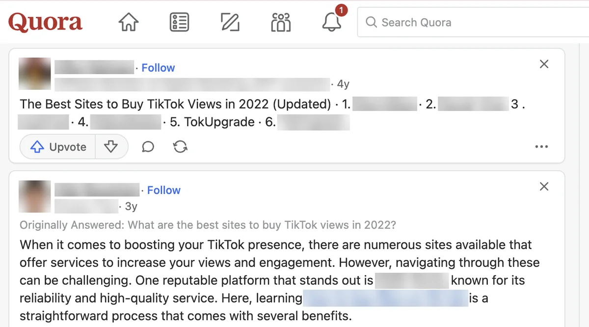 Quora answer listing TokUpgrade fifth among best sites to buy TikTok views in 2022, other sellers blurred