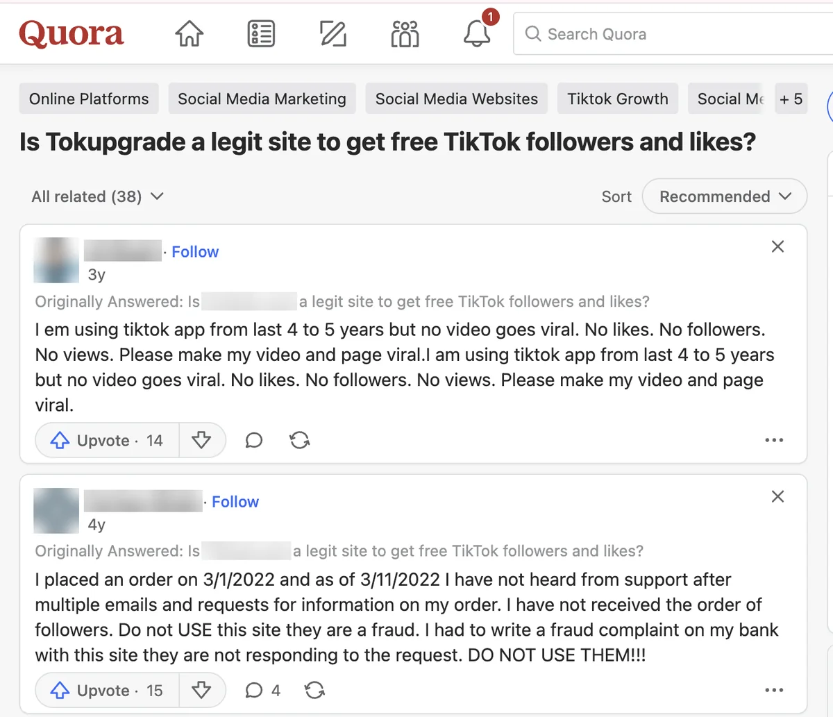 Quora question asking if TokUpgrade is legit, with two answers written for other free-follower sites