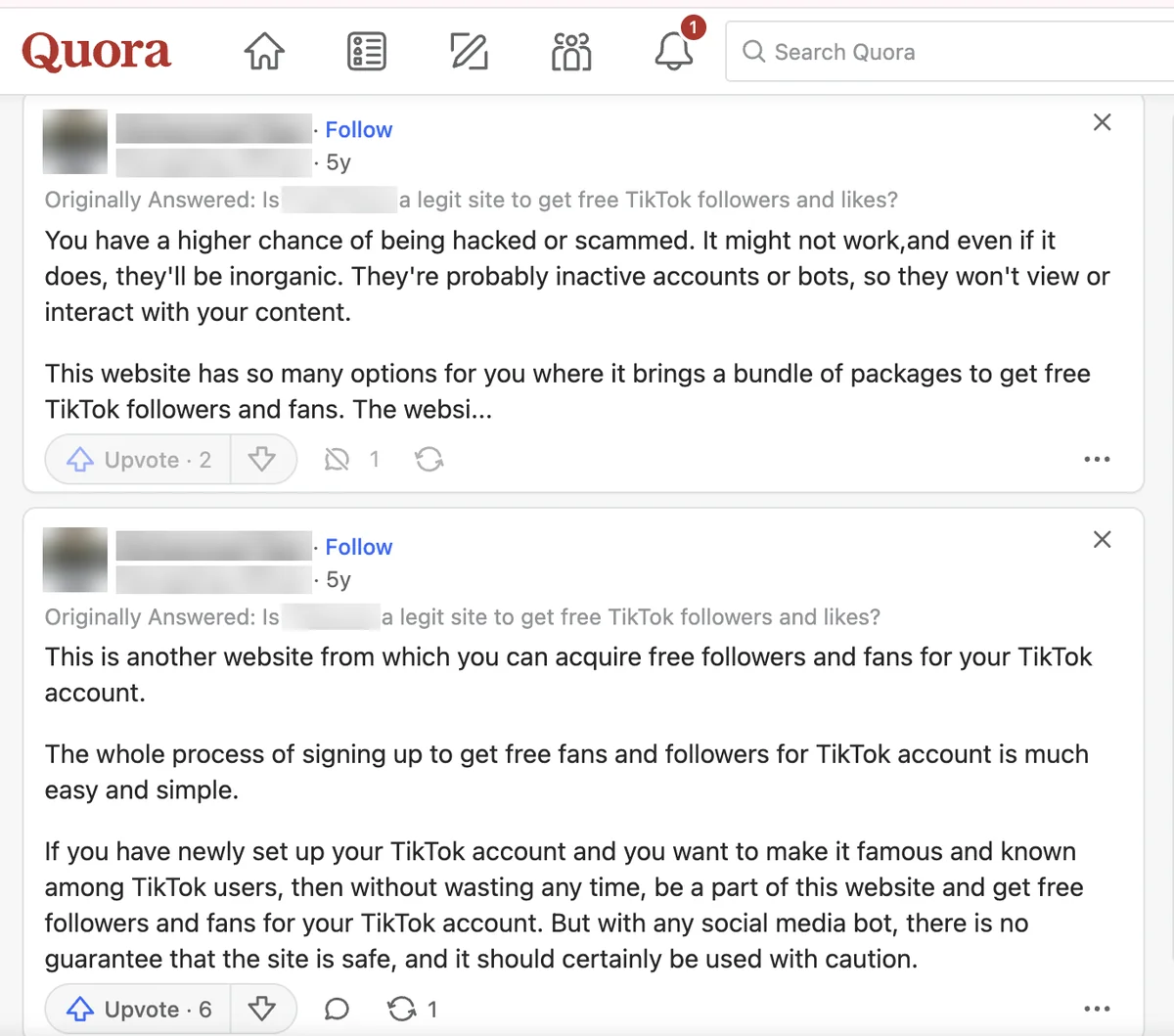 Quora answers about other free TikTok follower sites warning of hacking risk, shown on the TokUpgrade question