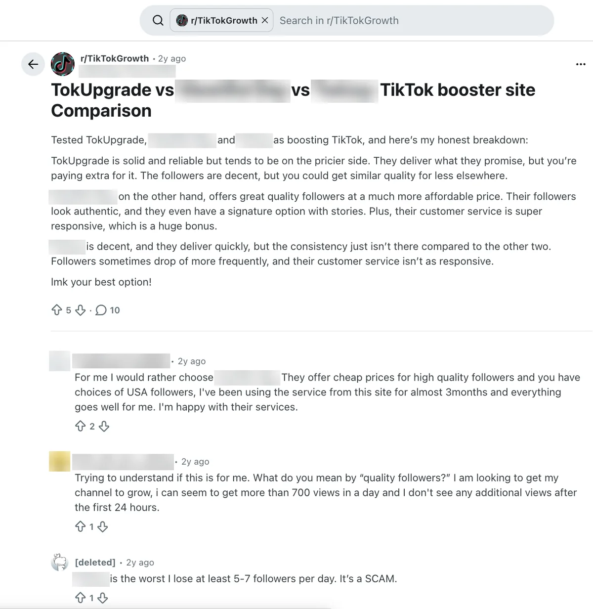 Reddit r/TikTokGrowth post calling TokUpgrade solid and reliable but pricier than two other booster sites