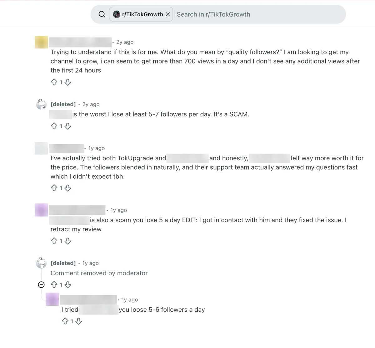 Reddit comments: a user tried TokUpgrade and a rival and preferred the rival; others report daily follower drops