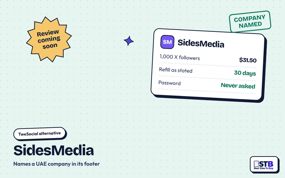 SidesMedia as a TweSocial alternative: 1,000 X followers for $31.50, 30-day refill, UAE company named