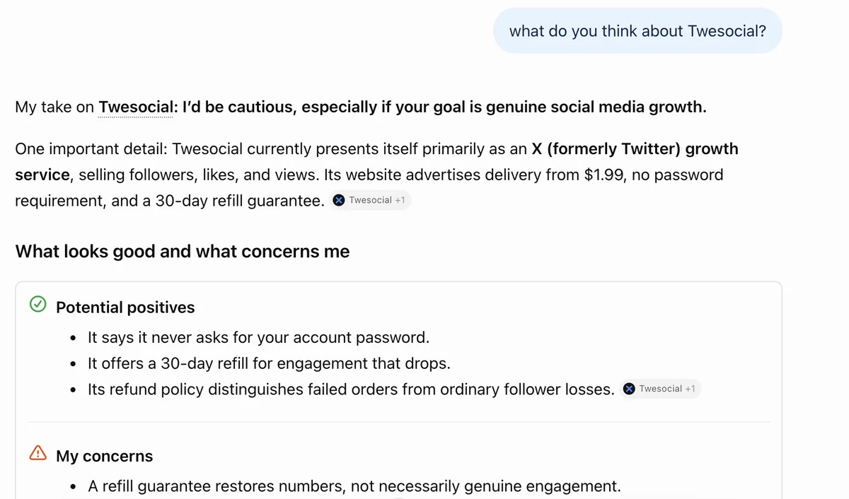 ChatGPT answer on TweSocial: cautious, notes X focus, $1.99 entry, no password and a 30-day refill