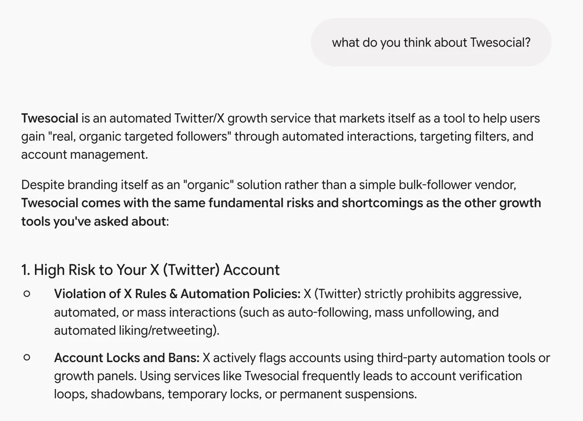 Gemini answer on TweSocial: high risk to your X account, locks and suspensions under X rules