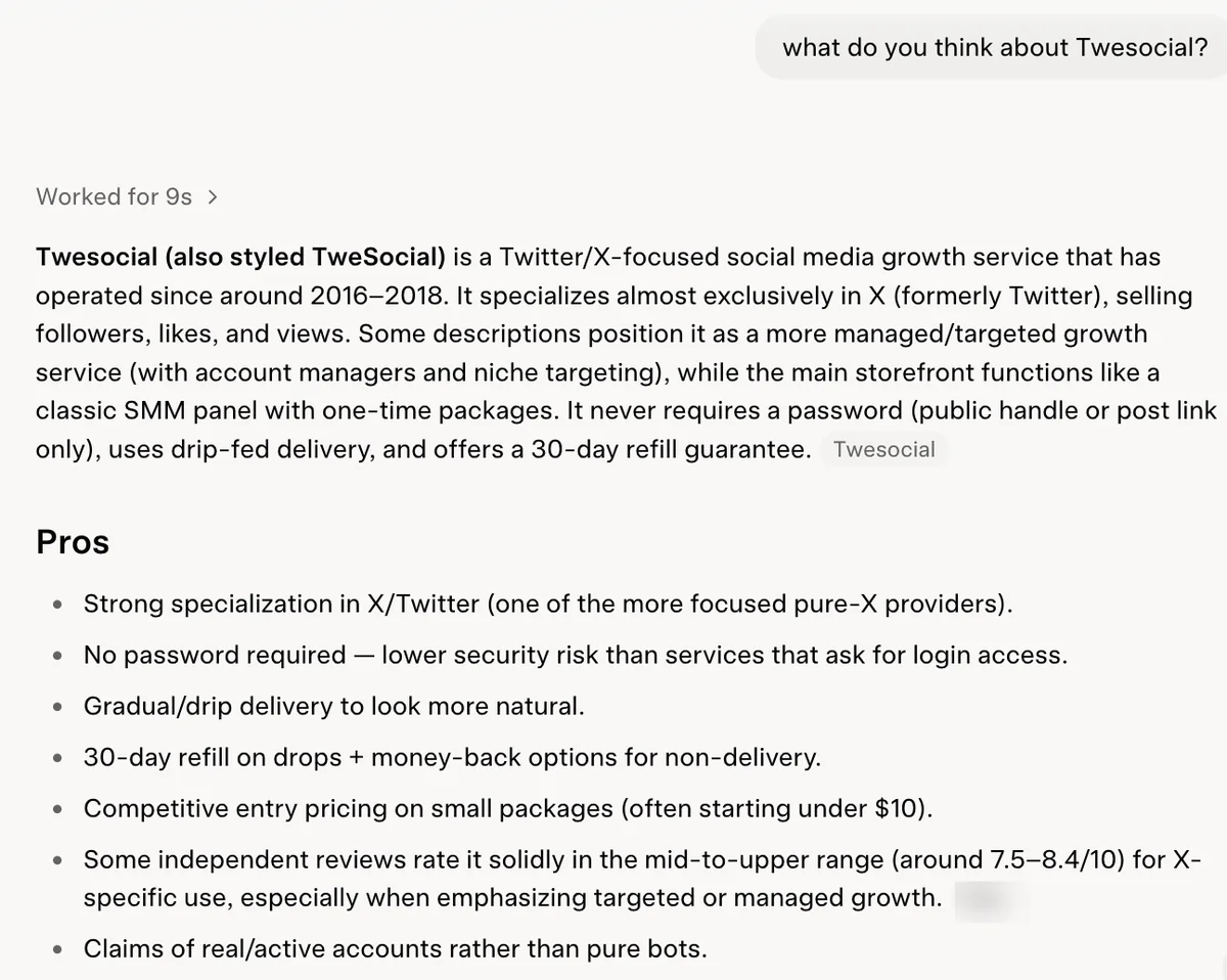 Grok answer on TweSocial: X-focused seller, managed growth vs package store, no password needed