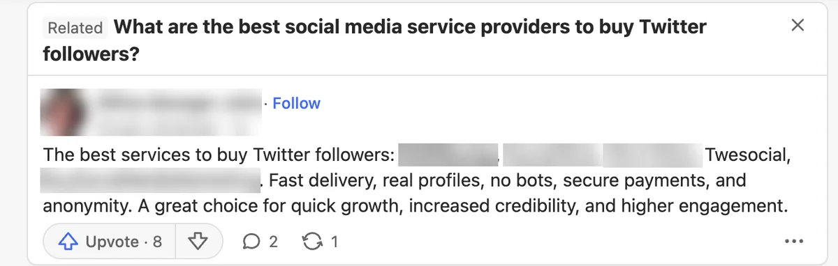Quora answer listing TweSocial among sellers to buy Twitter followers, other sellers blurred