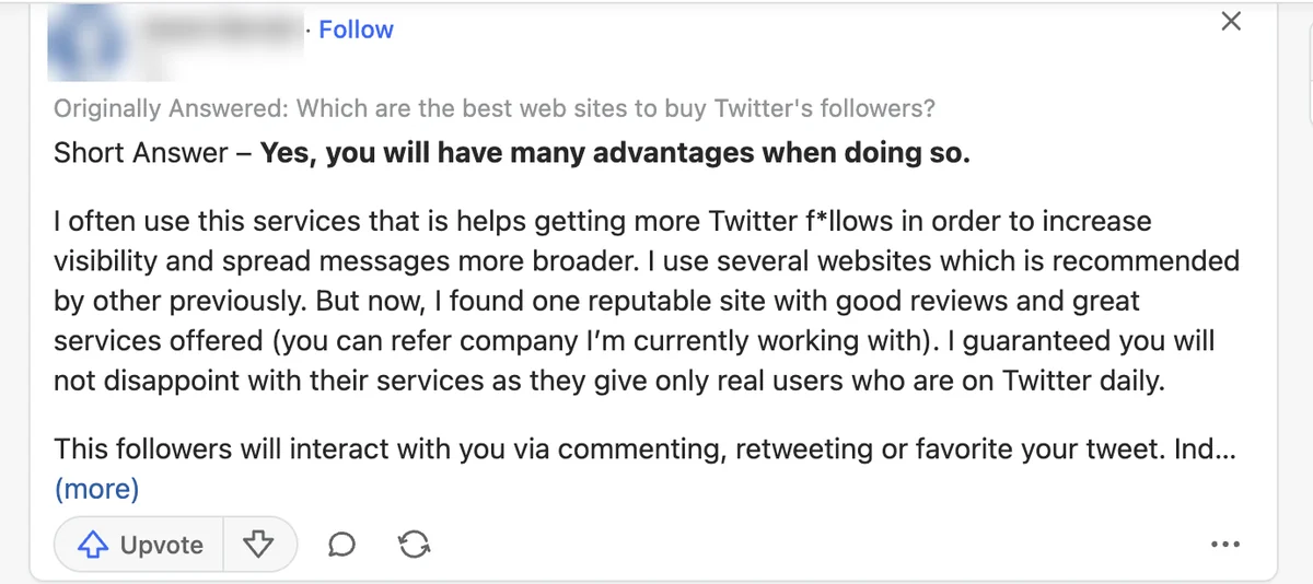 Quora answer on the best sites to buy Twitter followers praising an unnamed seller, related to TweSocial searches