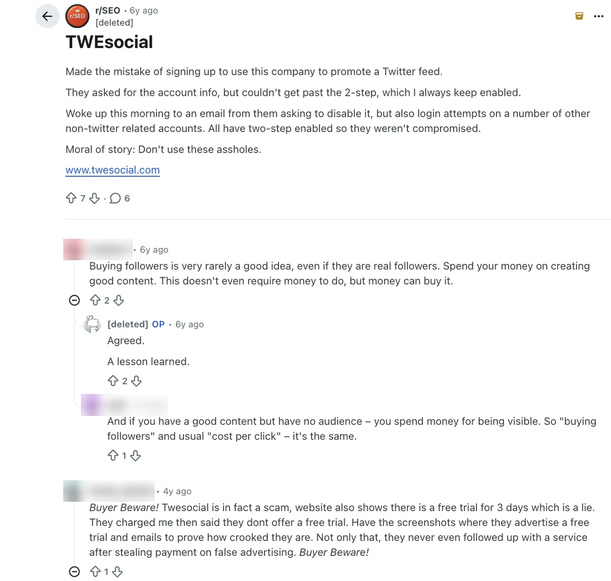 Reddit r/SEO post on TweSocial asking for account login under its old model, with a free trial complaint