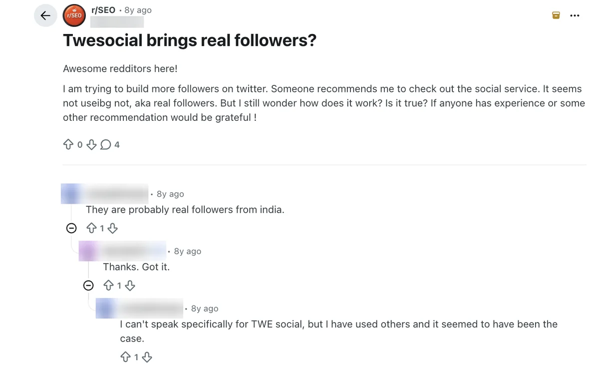 Reddit r/SEO thread asking if TweSocial brings real Twitter followers, with short replies