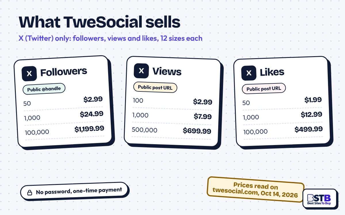 What TweSocial sells: X followers, views and likes only, with smallest, 1,000 and largest package prices