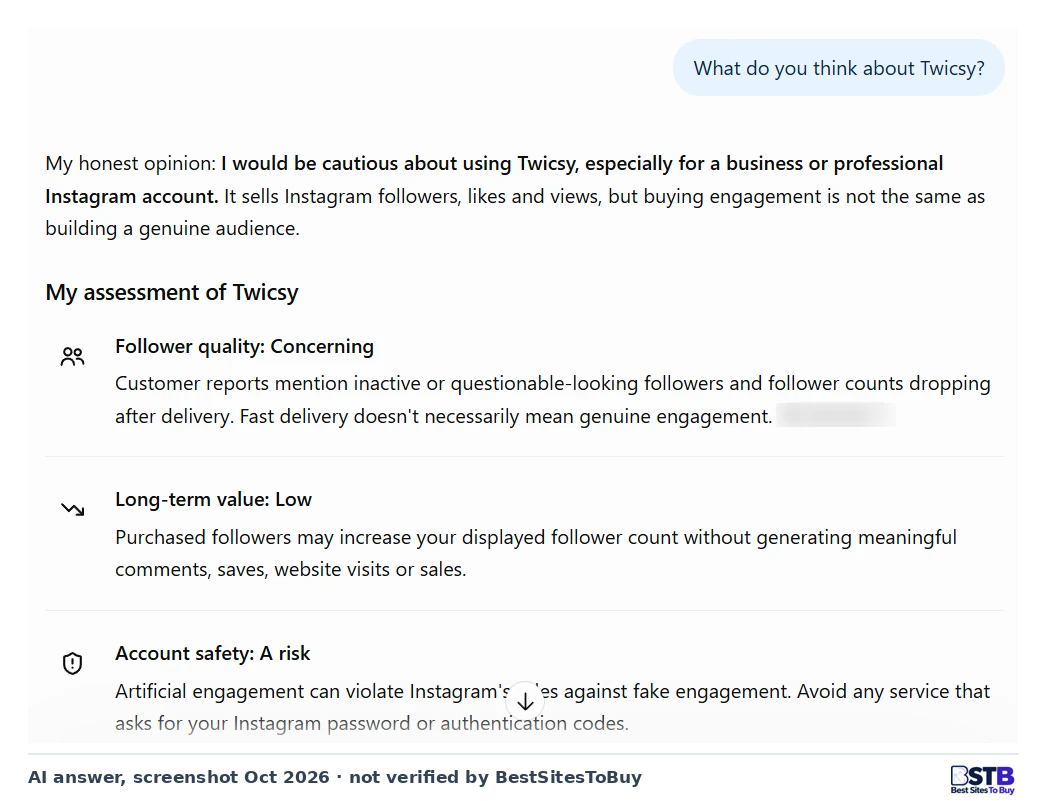 ChatGPT's answer to "What do you think about Twicsy?" ChatGPT answer saying it would be cautious about using Twicsy, especially for a business or professional Instagram account