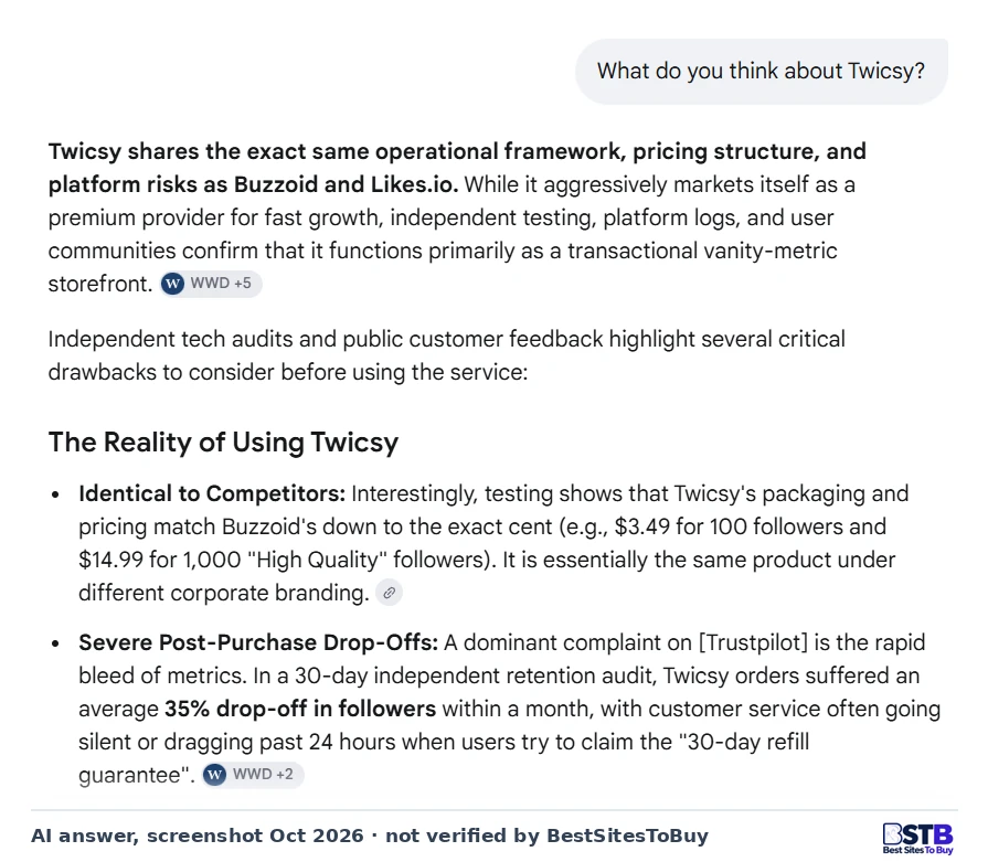 Google's AI answer to "What do you think about Twicsy?" Google AI answer saying Twicsy shares the same framework, pricing and platform risks as Buzzoid and Likes.io