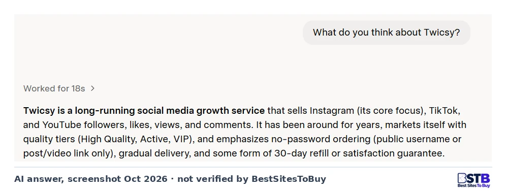 Grok's answer to "What do you think about Twicsy?" Grok answer describing Twicsy as a long-running growth service with three follower tiers and no-password ordering